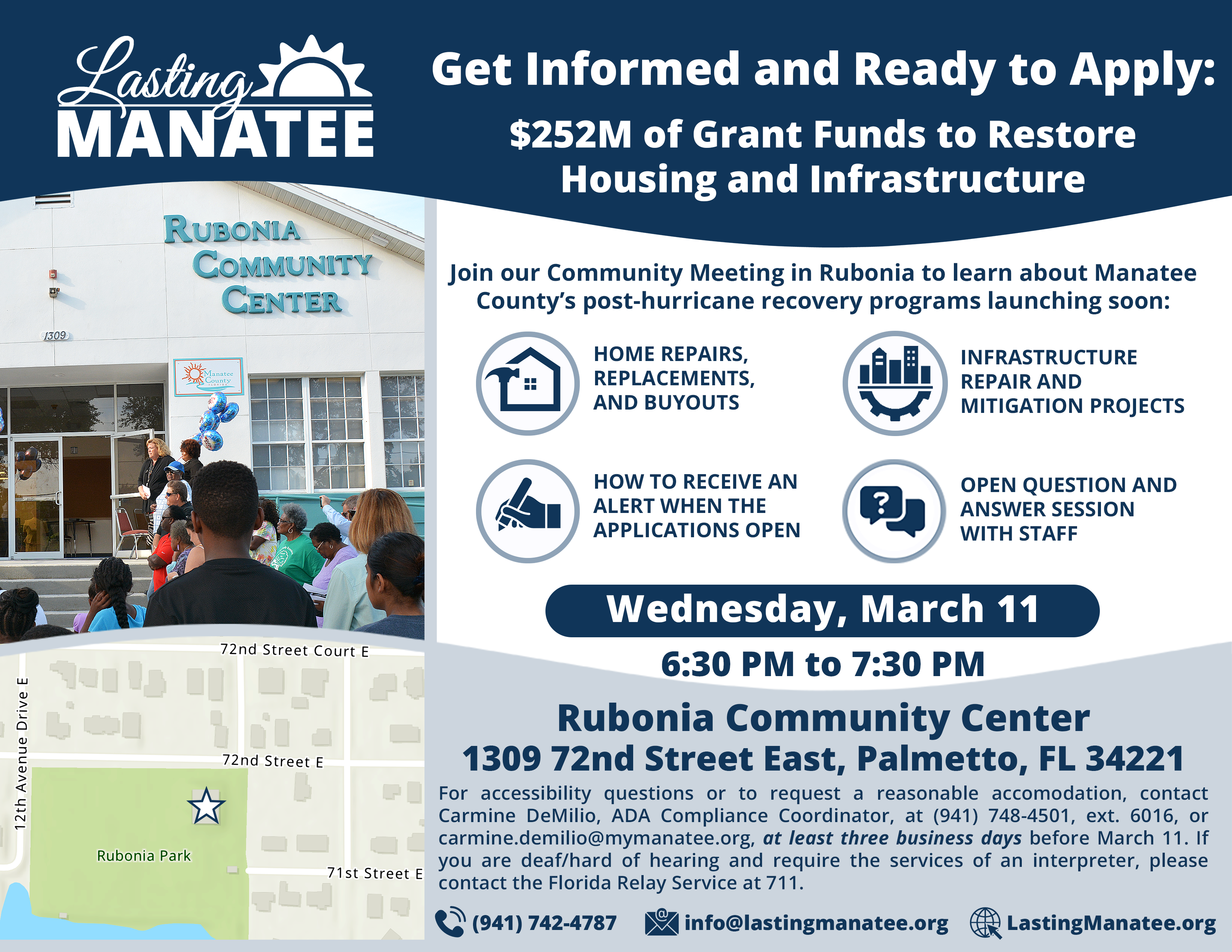 Flyer Lasting Manatee Rubonia March 11 Promotional flyer for Lasting Manatee, announcing a community meeting about post-hurricane repair and infrastructure funding at Rubonia Community Center on March 11th from 6:30 PM to 7:30 PM. Contact information and an image of the center is included.